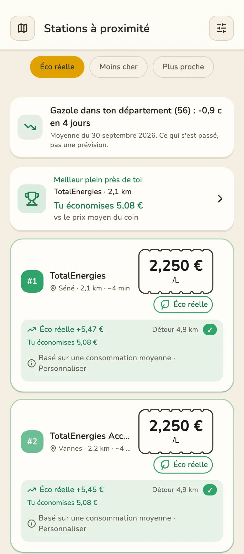 Les stations autour de toi, le meilleur plein en tête.
